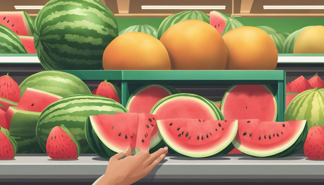 A hand reaching for a ripe watermelon in a grocery store display