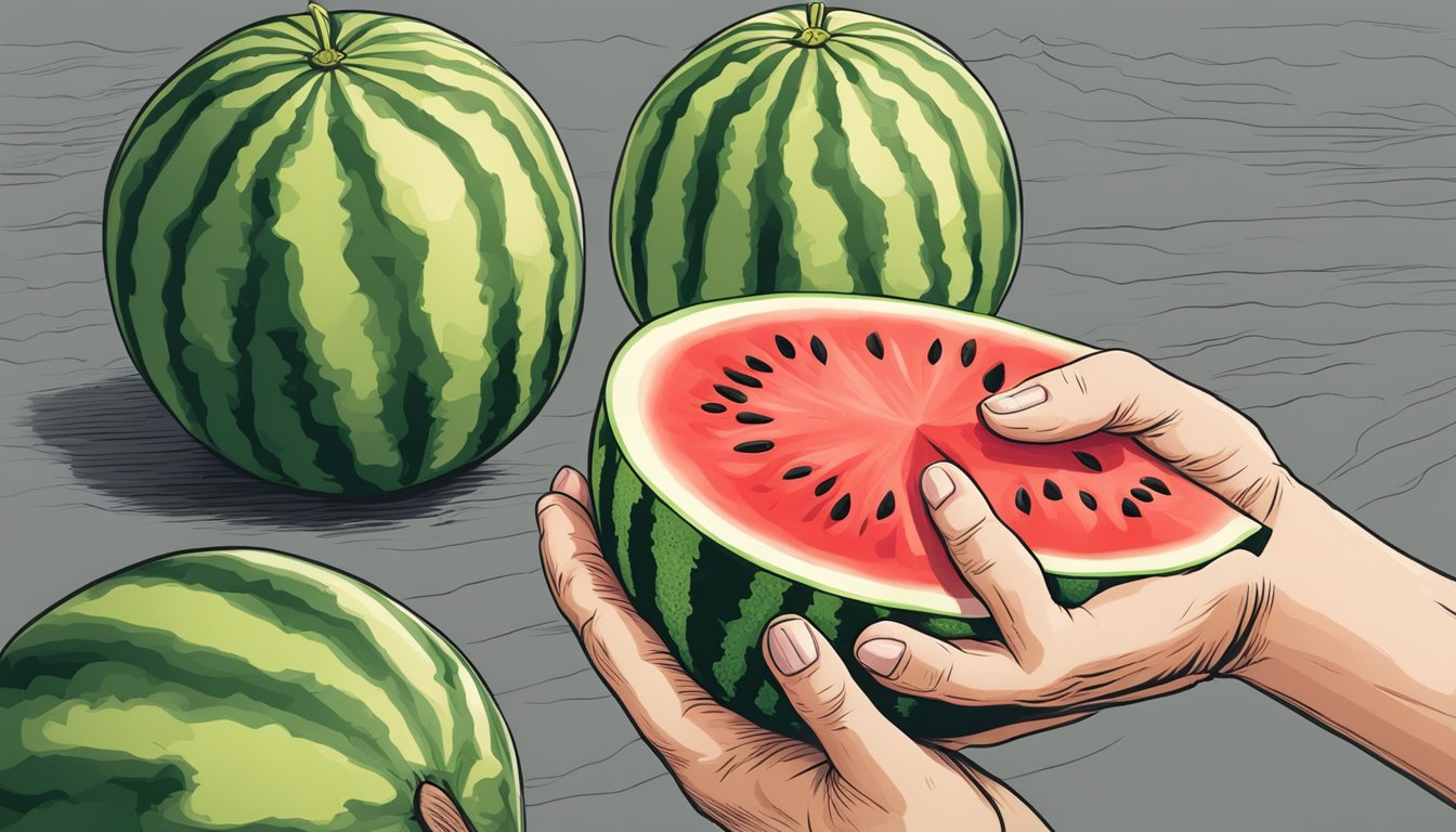 A hand reaching for a watermelon, inspecting its irregular features before selecting