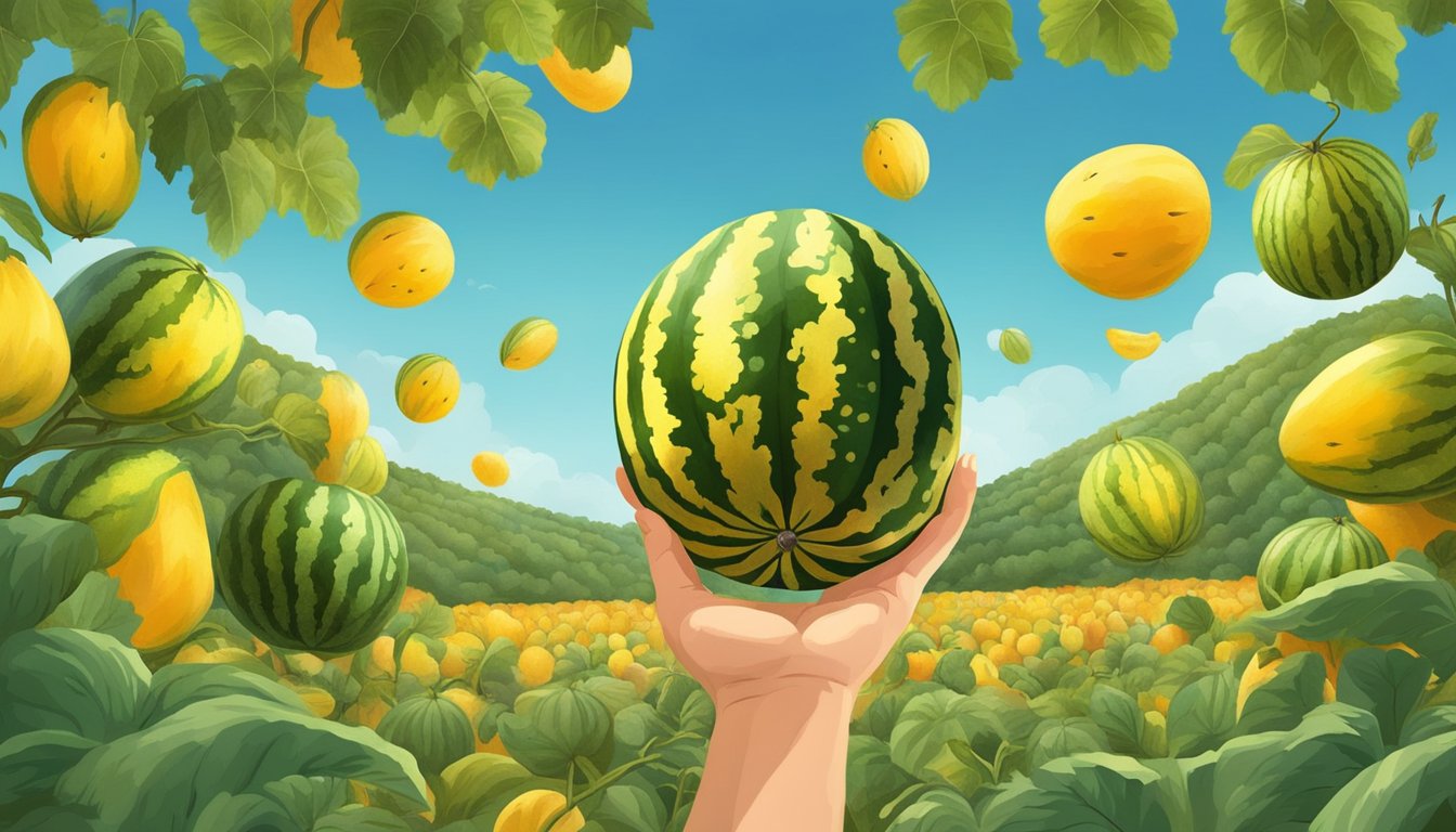 A hand reaching for a yellow watermelon in a field, surrounded by other ripe watermelons