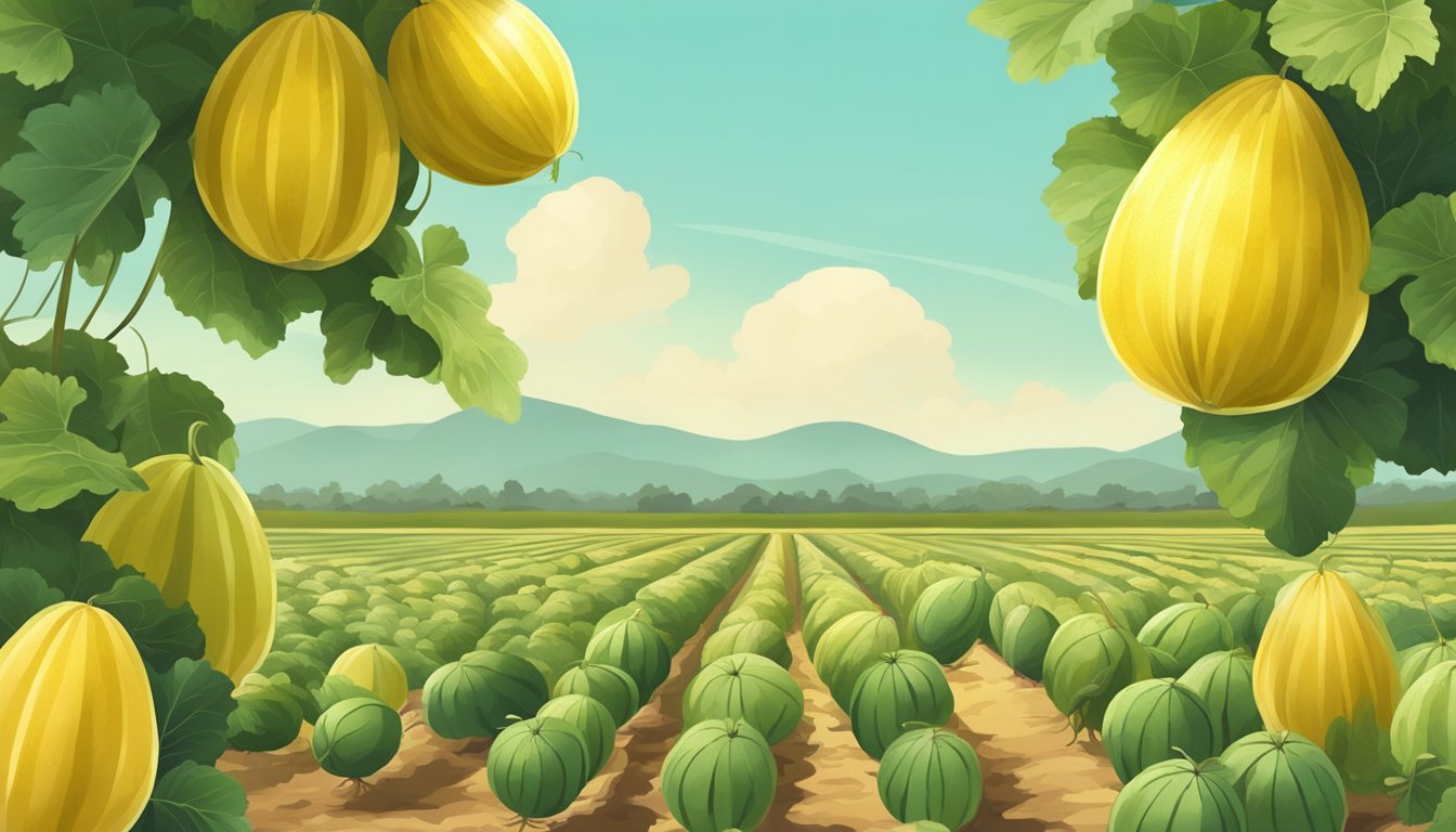 A sunny field with ripe yellow watermelons ready for picking