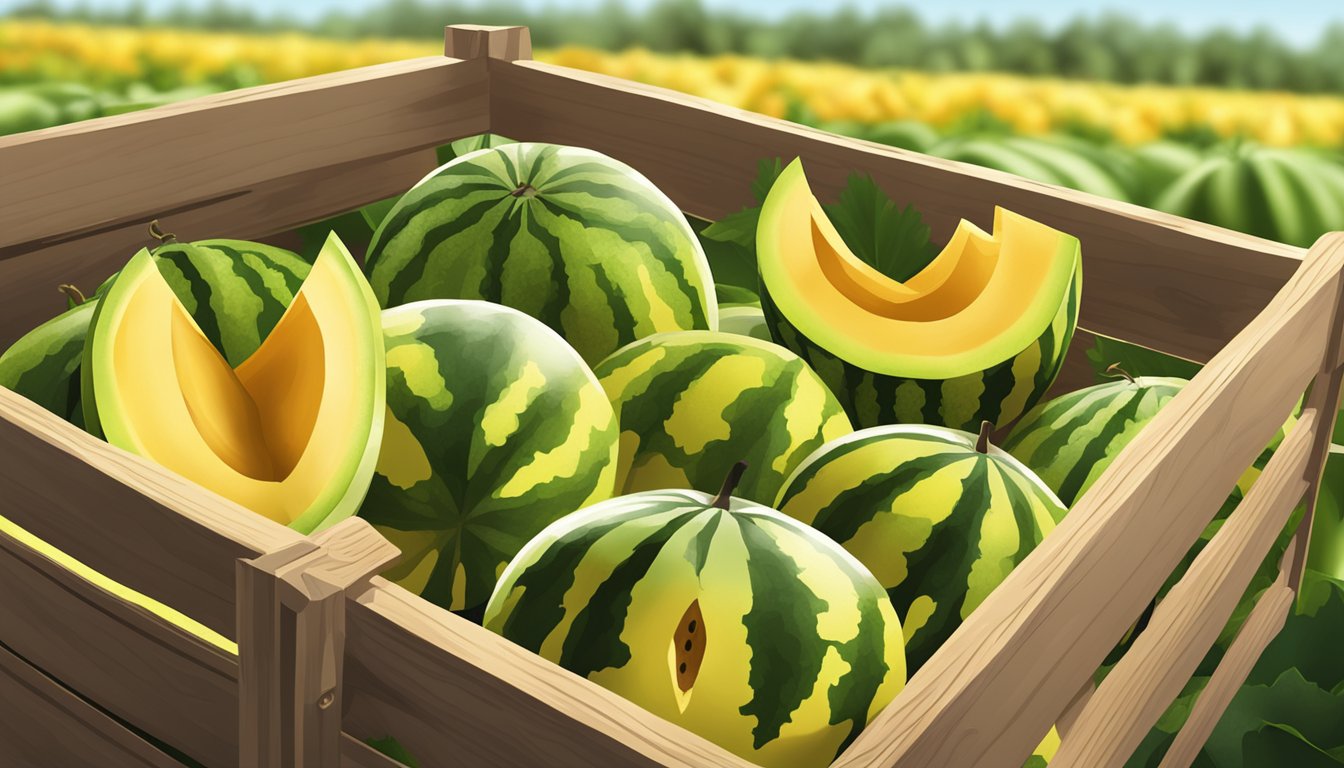 Ripe yellow watermelons being carefully placed in a wooden crate in a field