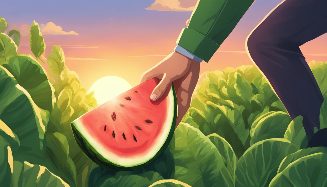 A hand reaching for a ripe watermelon in a lush green field. The sun shines down, casting a warm glow on the fruit's vibrant green skin