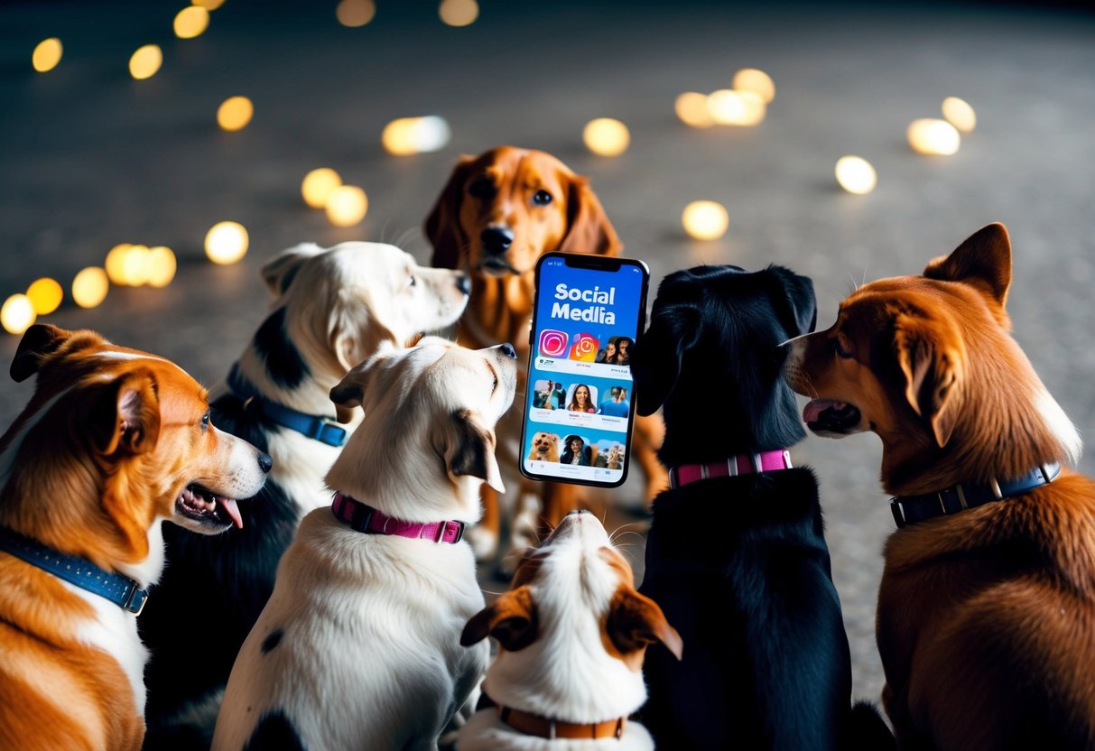 A group of dogs gather around a smartphone, watching a series of engaging social media stories with excitement and curiosity
