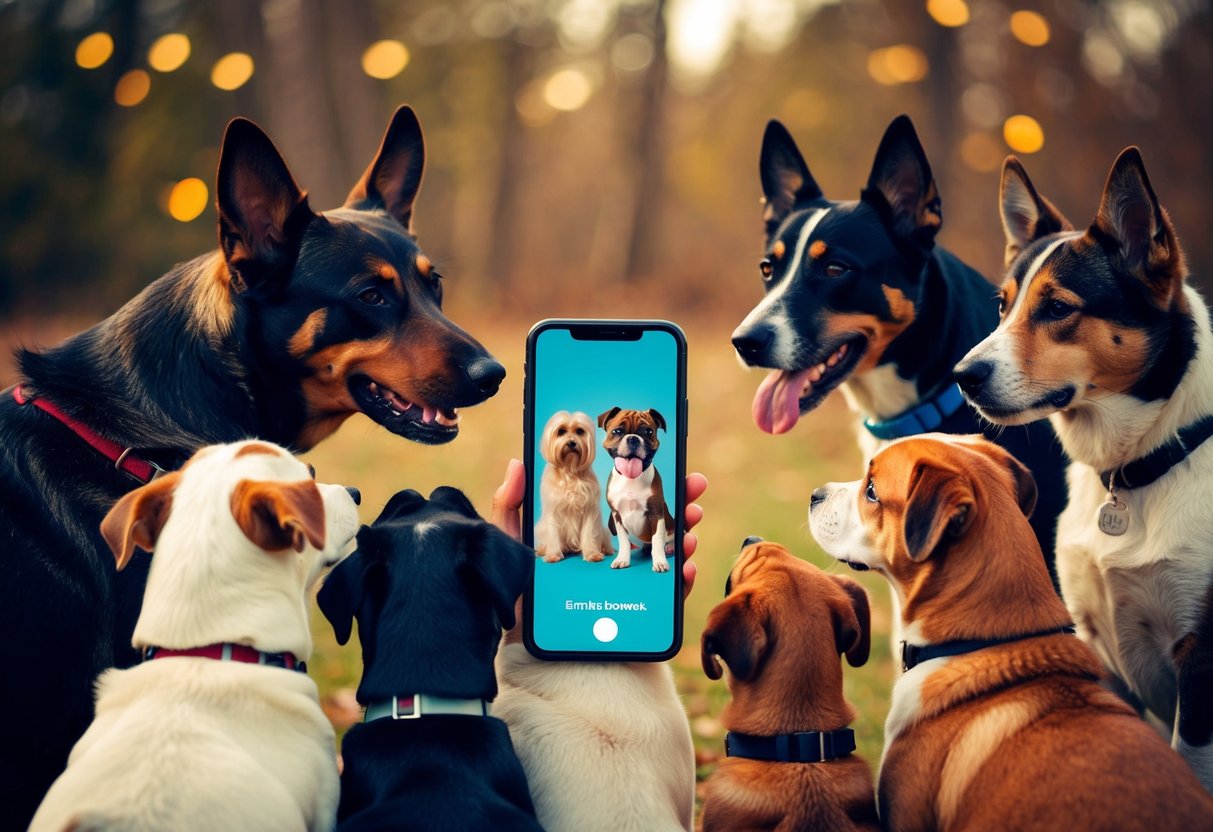 A group of dogs of various breeds and sizes gathered around a smartphone, watching intently as engaging canine content plays on the screen