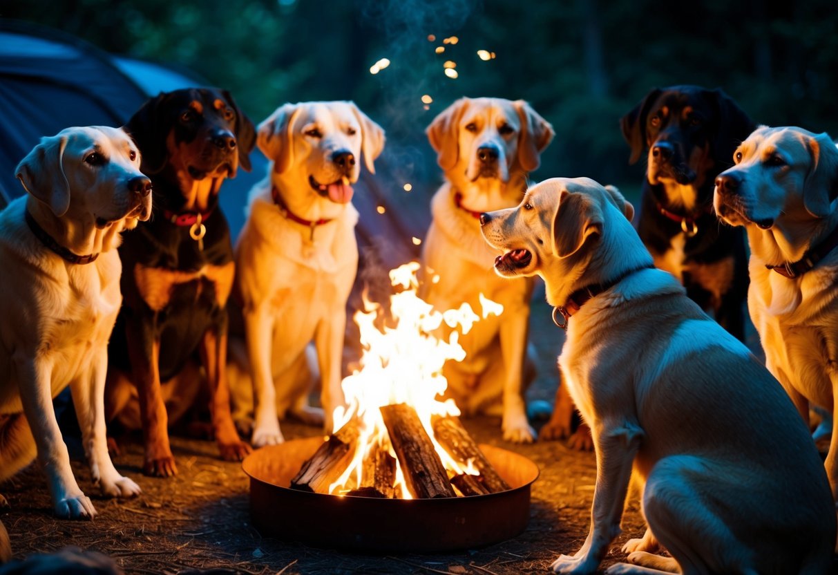 A group of dogs gathered around a campfire, listening intently as one dog tells a captivating story. The firelight flickers on their eager faces