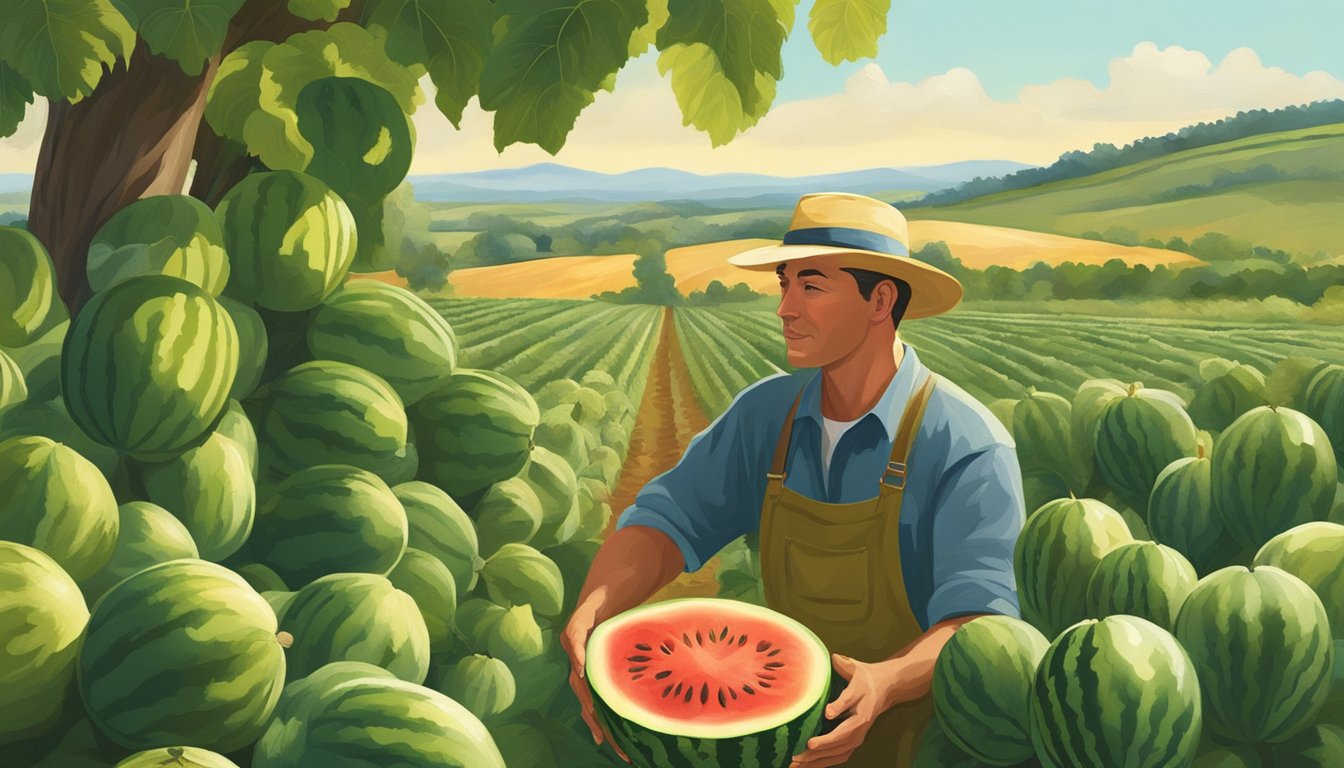 A farmer selecting a ripe watermelon from a vine in a lush, sun-drenched field. The watermelon is large, heavy, and has a deep, uniform green color with a creamy yellow spot on the bottom