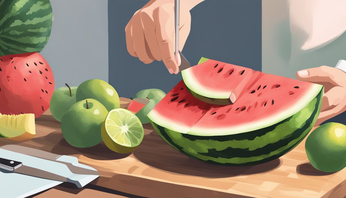 A person tapping and listening to a watermelon, surrounded by various fruits and a knife on a cutting board