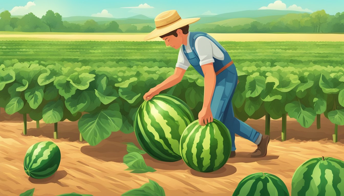 A farmer in a sun-drenched field, carefully inspecting a ripe watermelon for the perfect spot to pick it. The bright green vines and leaves surround the fruit