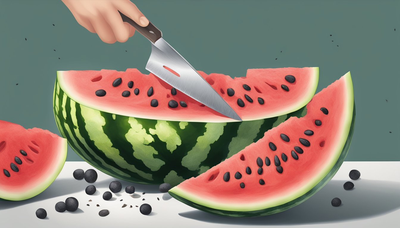 A watermelon being cut open, revealing vibrant red flesh with dark seeds and webbing, with sugar spots glistening in the light