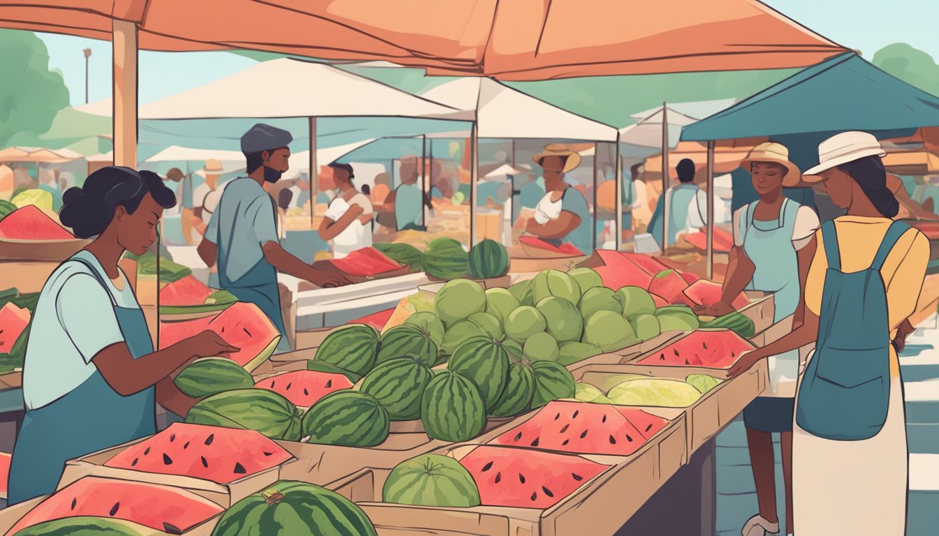 A sunny summer day at a bustling outdoor market. A vendor cuts open a ripe watermelon, revealing vibrant red flesh. Customers eagerly sample and select the sweetest ones