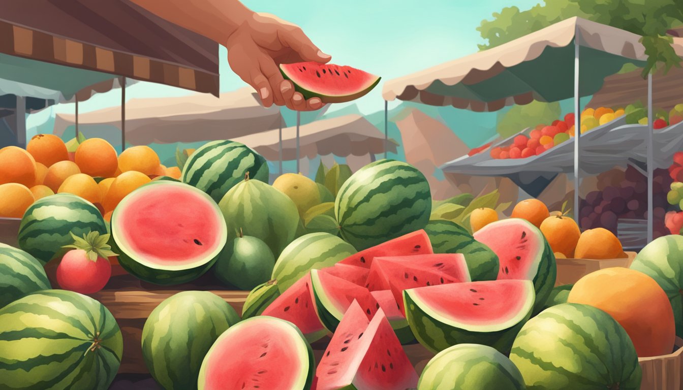 A hand reaching for a ripe watermelon among a pile of fruits at a market stand