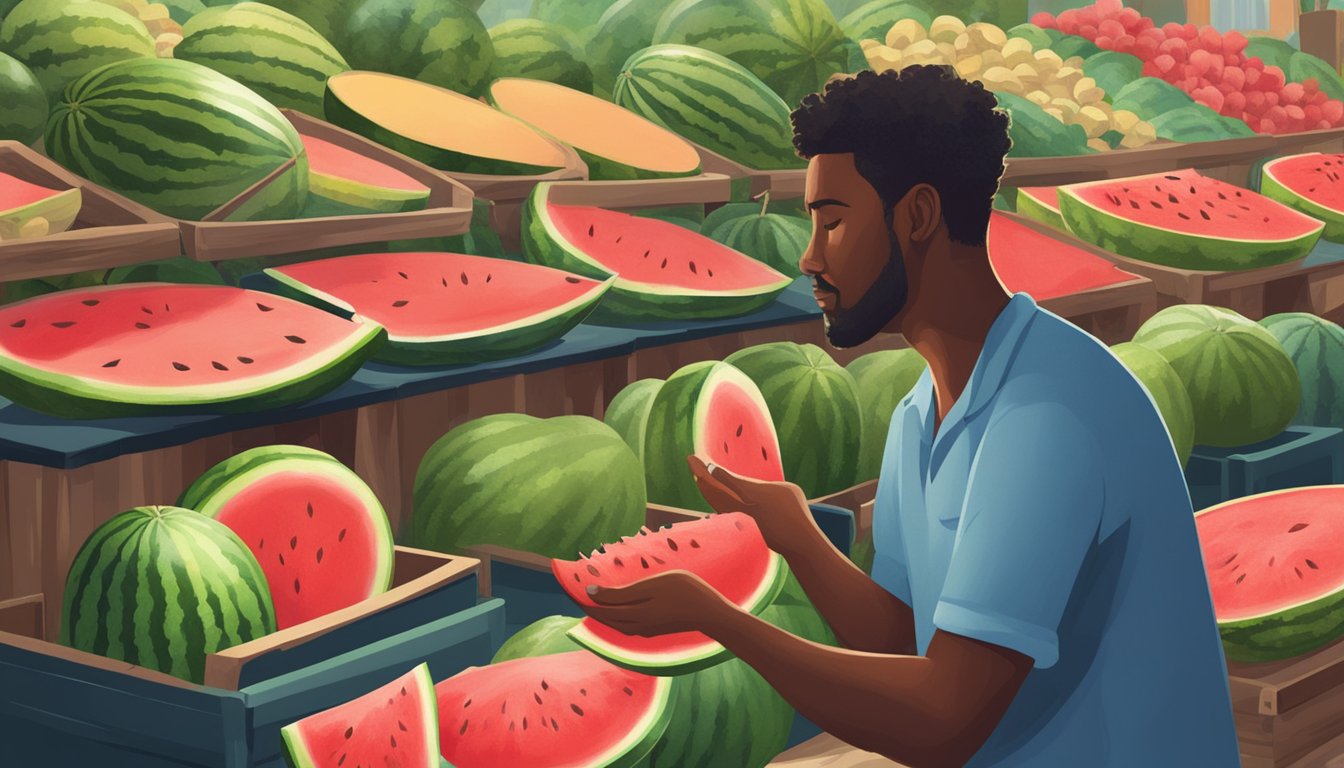 A person tapping and listening to a watermelon, surrounded by various watermelons in a market