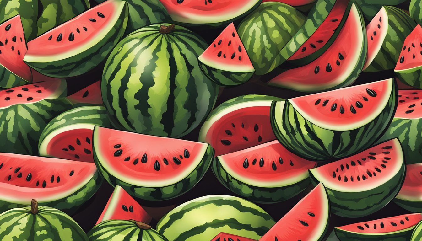 A variety of watermelons displayed on a wooden table, with one cut open to reveal its vibrant red flesh and black seeds