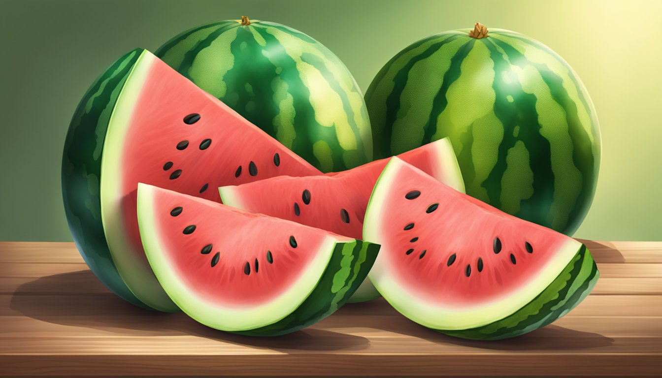 A ripe, juicy watermelon sits on a wooden table. Its vibrant green skin is smooth and glossy, with a yellow spot on the bottom where it ripened in the sun