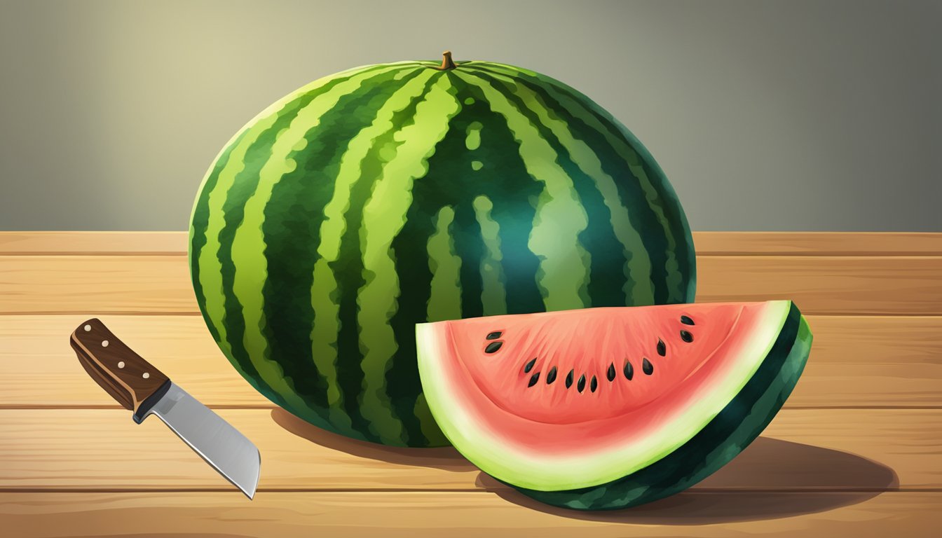 A ripe seedless watermelon sits on a wooden table, its vibrant green skin contrasting with the golden yellow spot on one side. A knife and cutting board are nearby