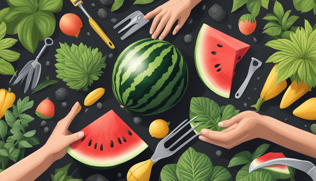 A hand reaching for a ripe black diamond watermelon in a lush garden, surrounded by gardening tools and freshly tilled soil