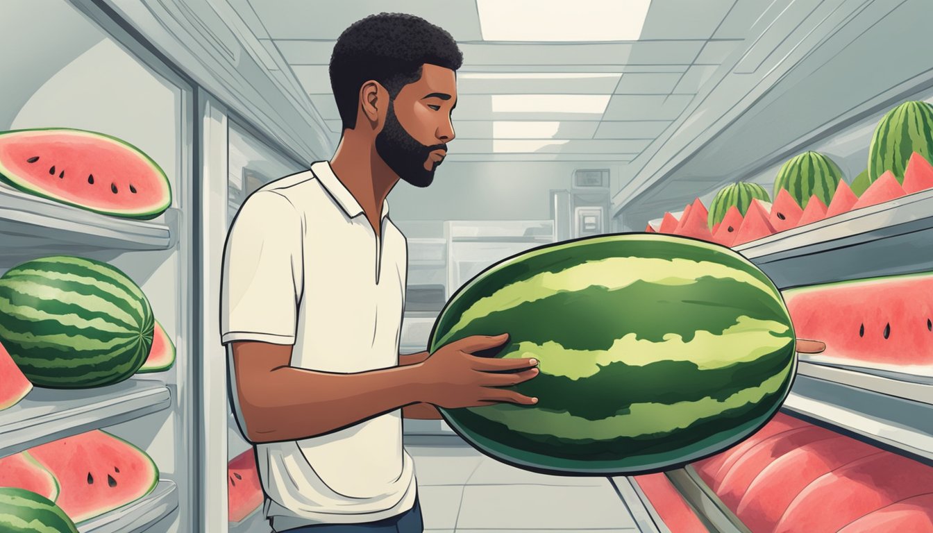 A person tapping and listening to a watermelon, then carrying it home and placing it in the fridge