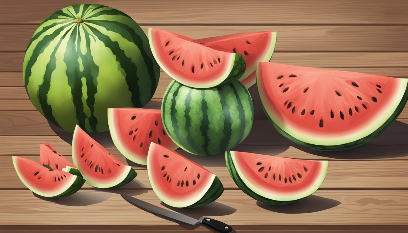 A variety of watermelons displayed on a wooden table with a knife and a slice to show ripeness