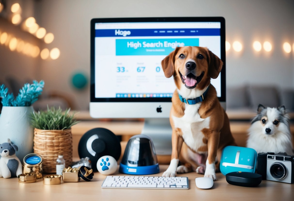 A happy dog surrounded by pet-related items, with a computer showing a website with high search engine rankings