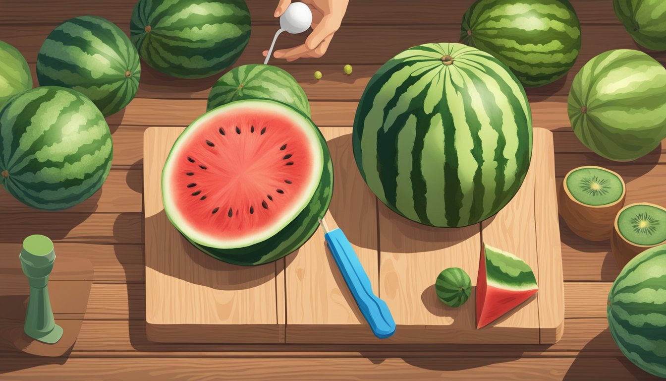 A watermelon on a wooden table, a hand knocking on it to check for ripeness, surrounded by other watermelons