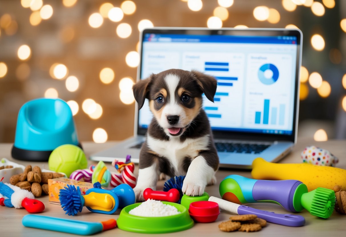 A playful puppy surrounded by various pet-related items, such as toys, treats, and grooming supplies, with a laptop displaying SEO data in the background