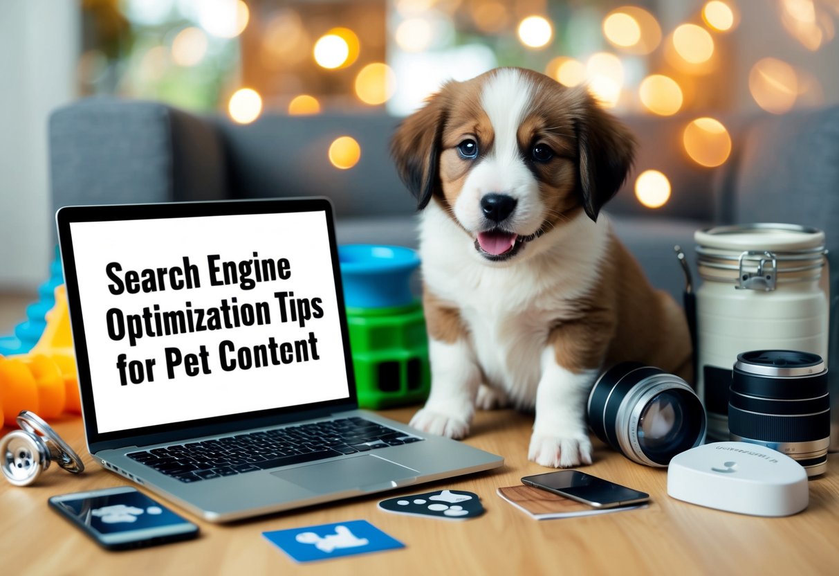 A playful puppy surrounded by pet-related items, with a laptop displaying search engine optimization tips for pet content