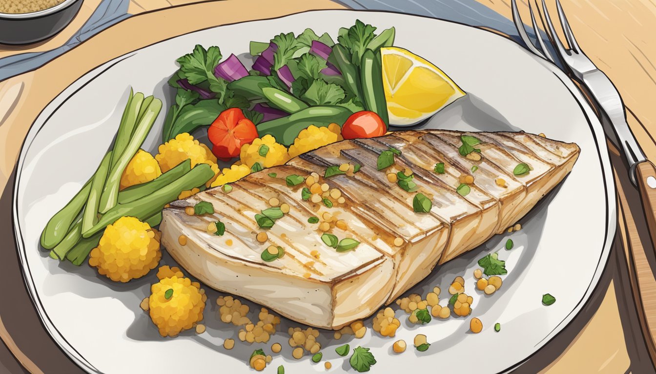 A plate of grilled swordfish topped with lemon butter sauce, served with colorful vegetables and a side of quinoa