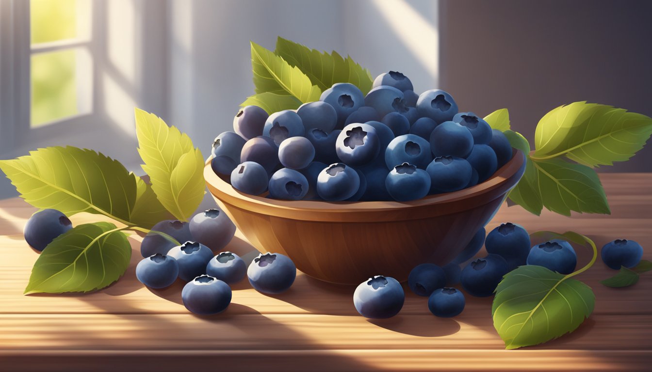 A bowl of fresh blueberries sits on a wooden table, surrounded by scattered leaves and vines. The sunlight streams in, casting a warm glow on the vibrant berries