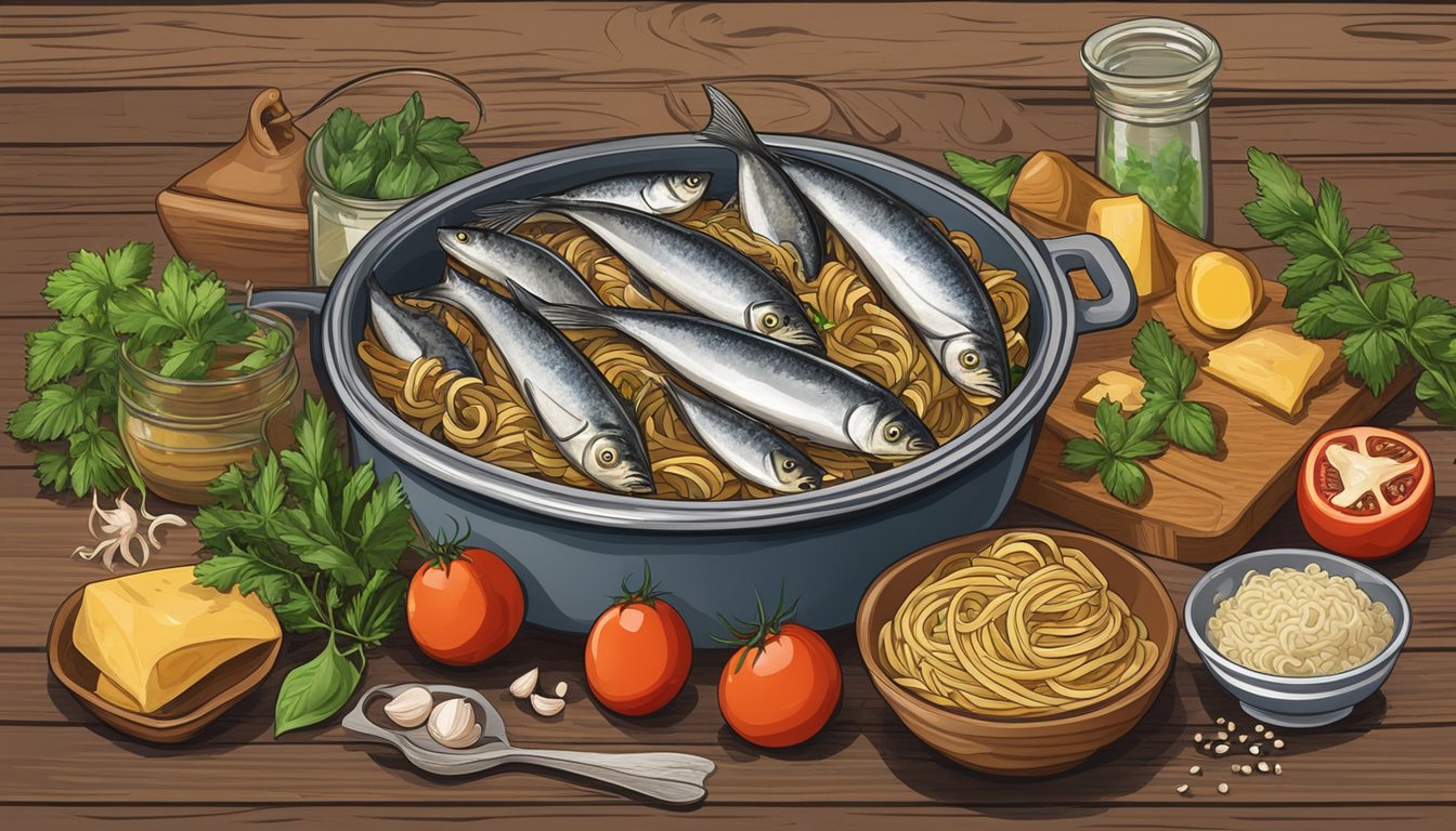 A rustic kitchen table set with a steaming bowl of Sicilian-style sardine pasta, surrounded by fresh ingredients like tomatoes, garlic, and herbs