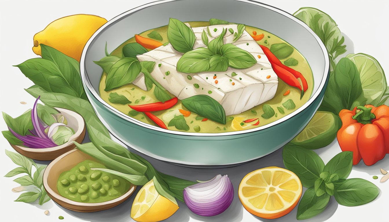 A steaming bowl of Thai green curry halibut surrounded by vibrant, fresh ingredients like lemongrass, basil, and bell peppers