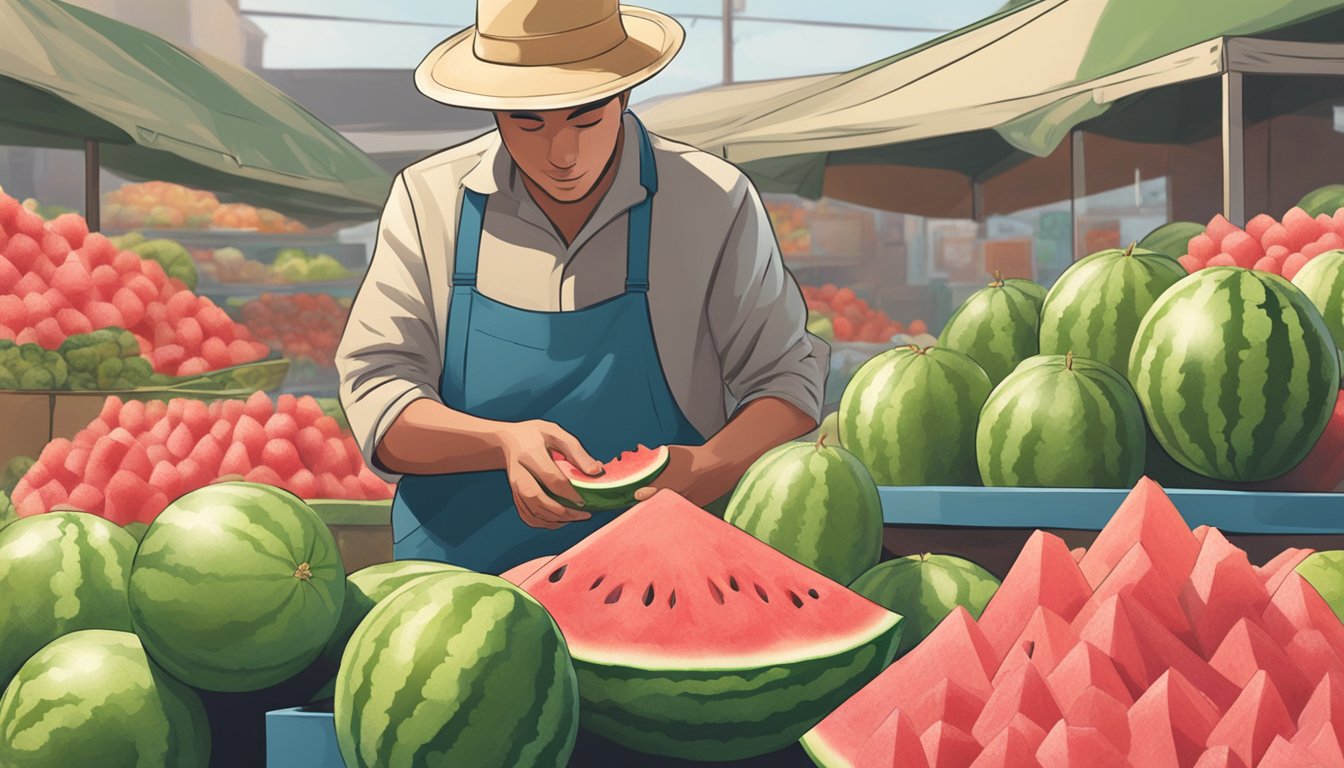 A person selecting a watermelon from a pile at a market, tapping and examining the exterior for signs of ripeness