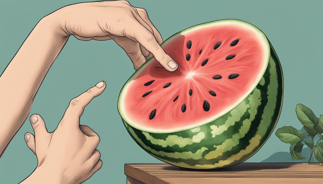 A hand reaching for a watermelon, tapping it, and listening for a hollow sound