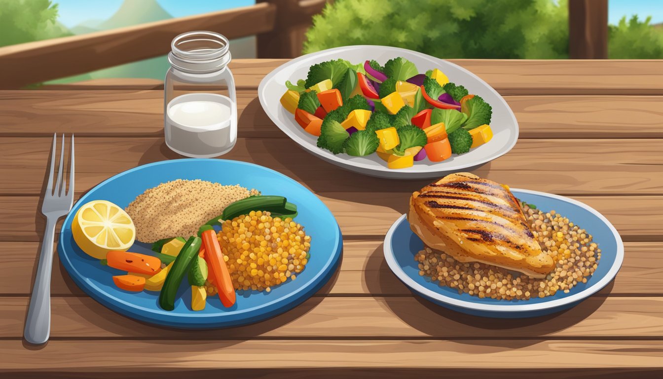 A plate of grilled chicken breast with colorful vegetables and a side of quinoa, set on a wooden table in a rustic outdoor setting