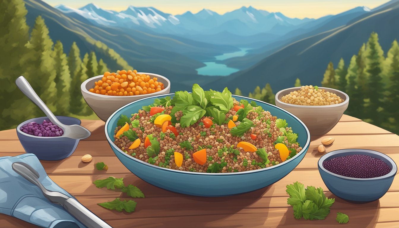 A colorful quinoa salad surrounded by fresh vegetables and nuts, set against a backdrop of hiking gear and a scenic mountain view