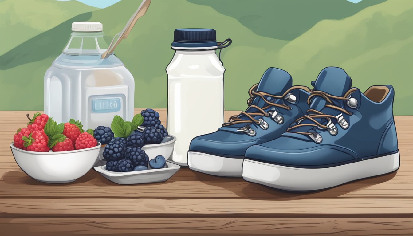 A bowl of Greek yogurt topped with fresh berries sits on a wooden table next to a water bottle and hiking boots