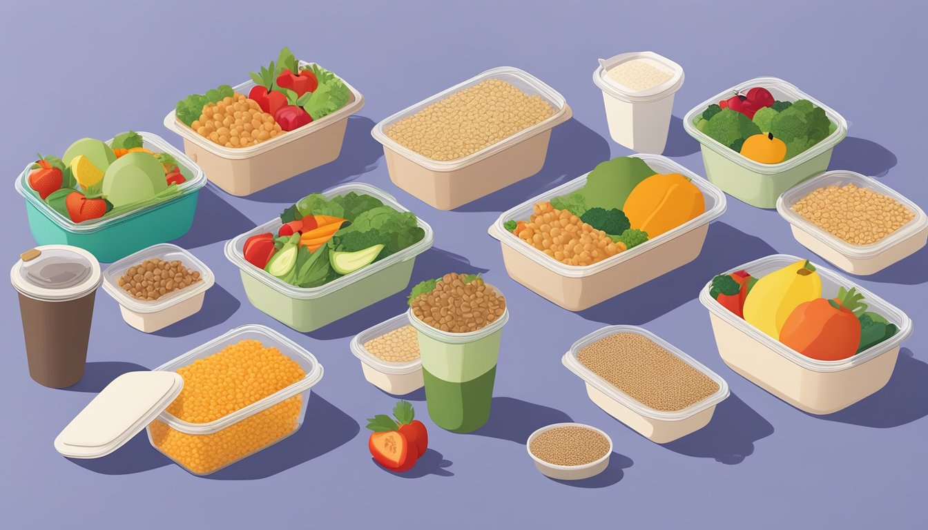 A colorful array of eco-friendly takeout containers filled with fresh fruits, vegetables, and whole grains, surrounded by reusable utensils and compostable packaging materials