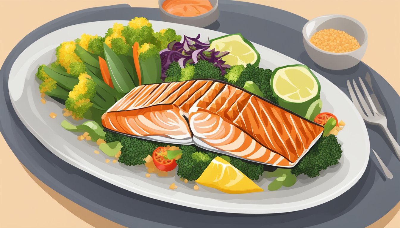 A colorful plate with a grilled salmon fillet, steamed vegetables, and a side of quinoa, arranged in a balanced and appetizing manner