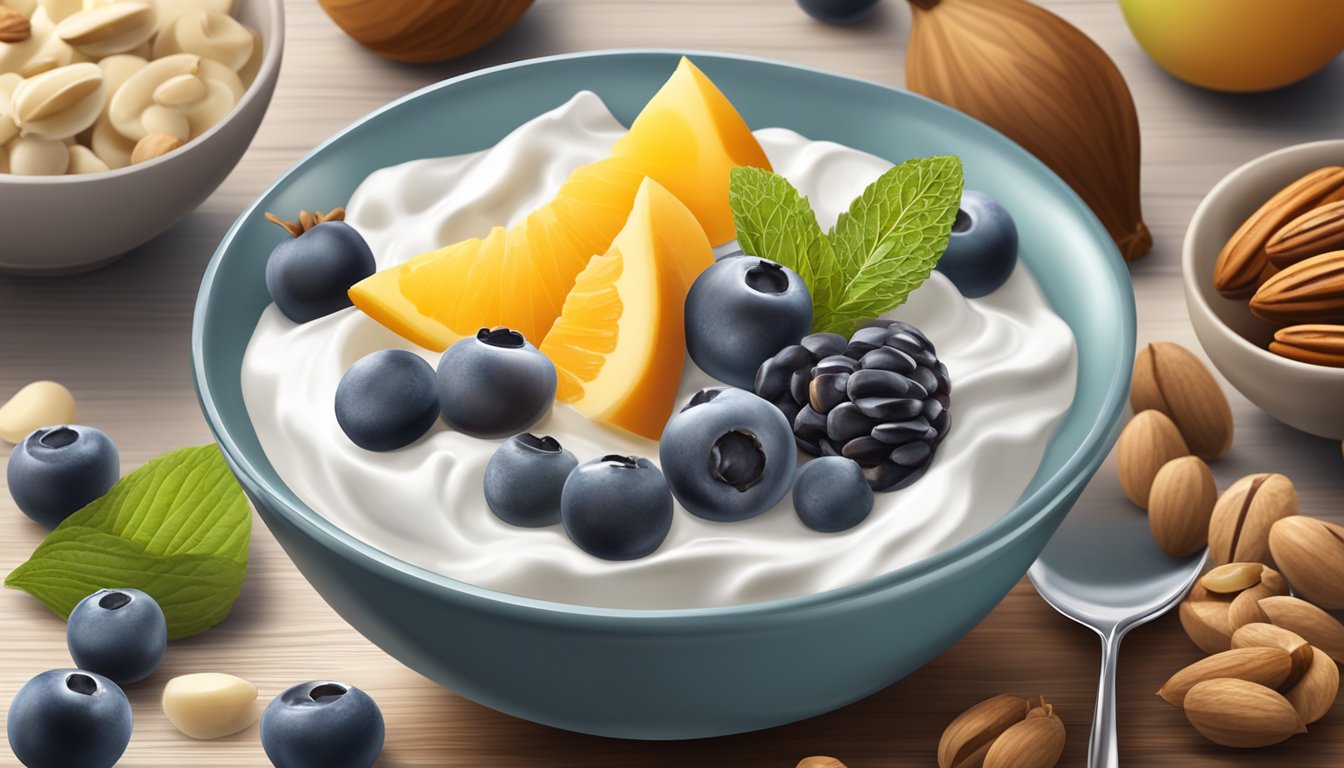 A bowl of Greek yogurt surrounded by fresh fruits and nuts on a wooden table