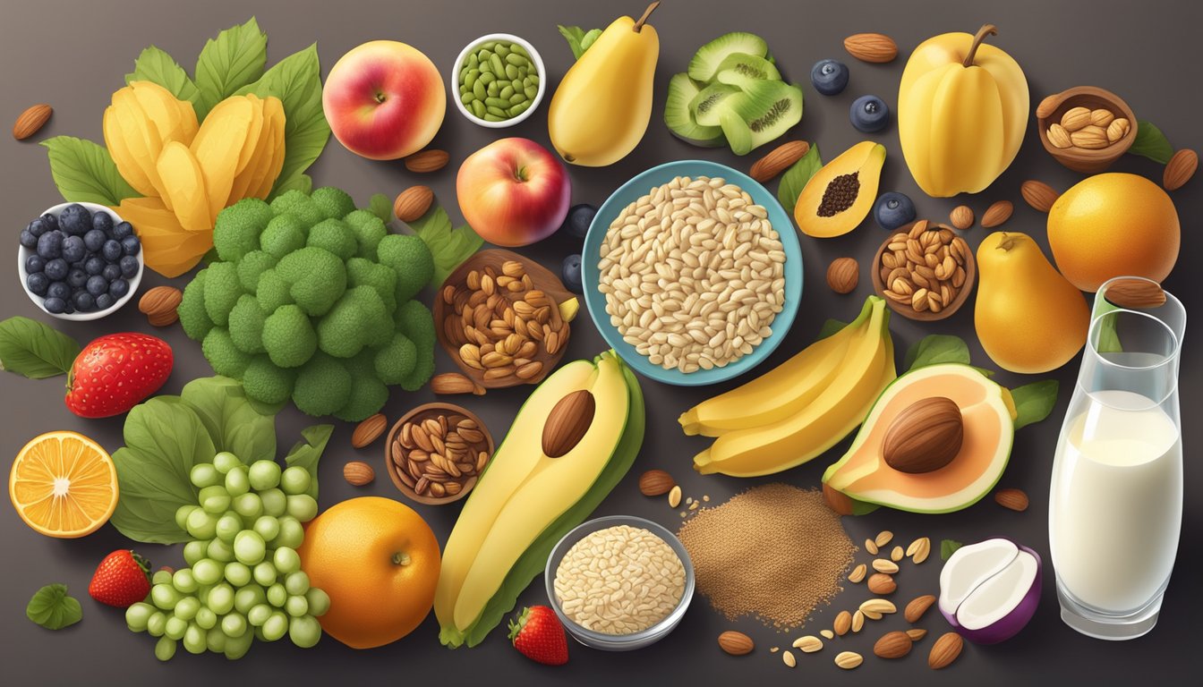 A table filled with colorful fruits, vegetables, whole grains, and lean proteins, surrounded by a variety of nuts, seeds, and dairy products