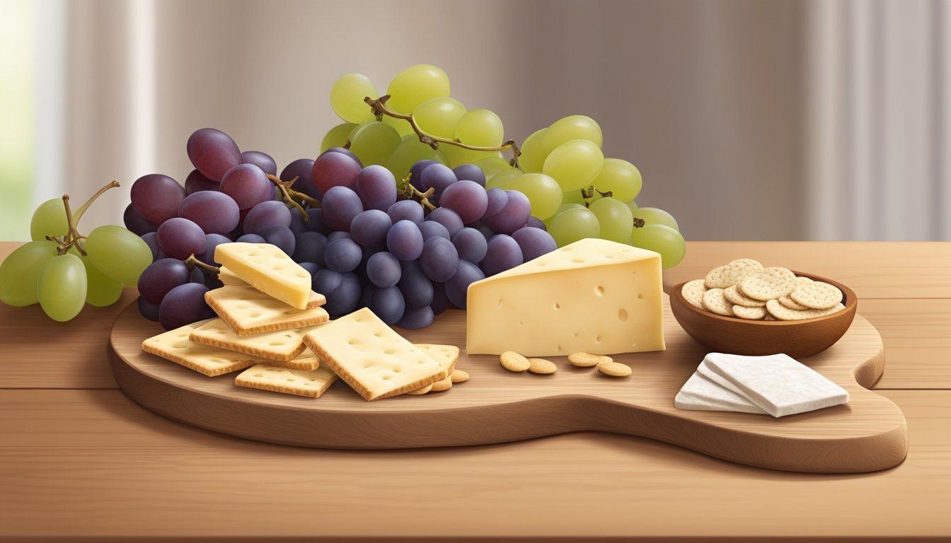 A wooden cutting board with slices of cashew cheese, grapes, and crackers arranged in an appetizing display