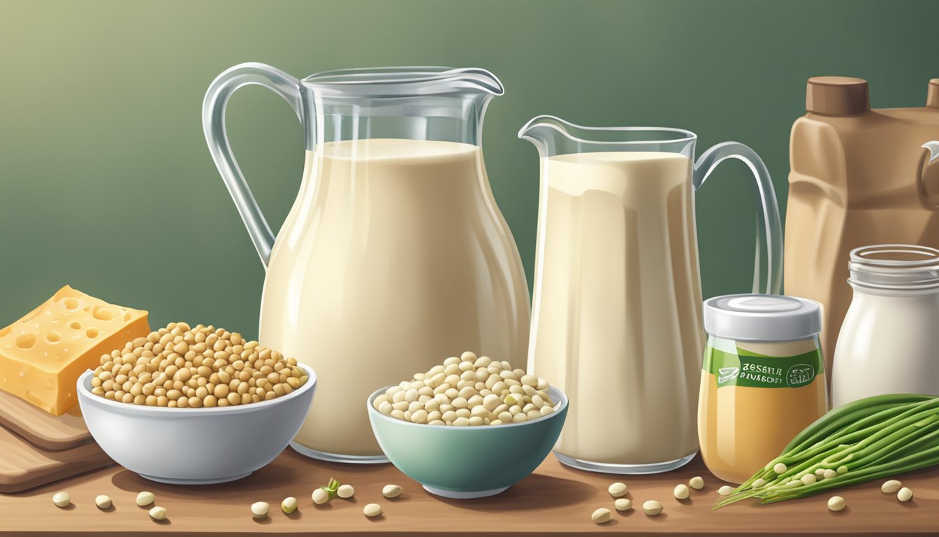 A glass pitcher of soy creamer surrounded by fresh soybeans and a variety of dairy-free foods on a kitchen table