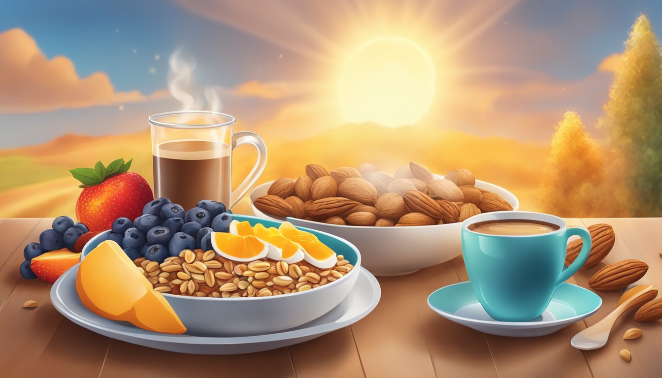 A vibrant breakfast spread with whole grains, fruits, and nuts, surrounded by a glowing sunrise and a cup of steaming coffee