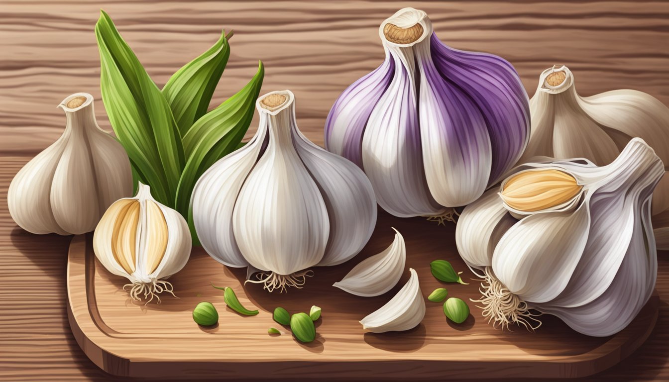 A vibrant bunch of fresh garlic bulbs arranged on a wooden cutting board