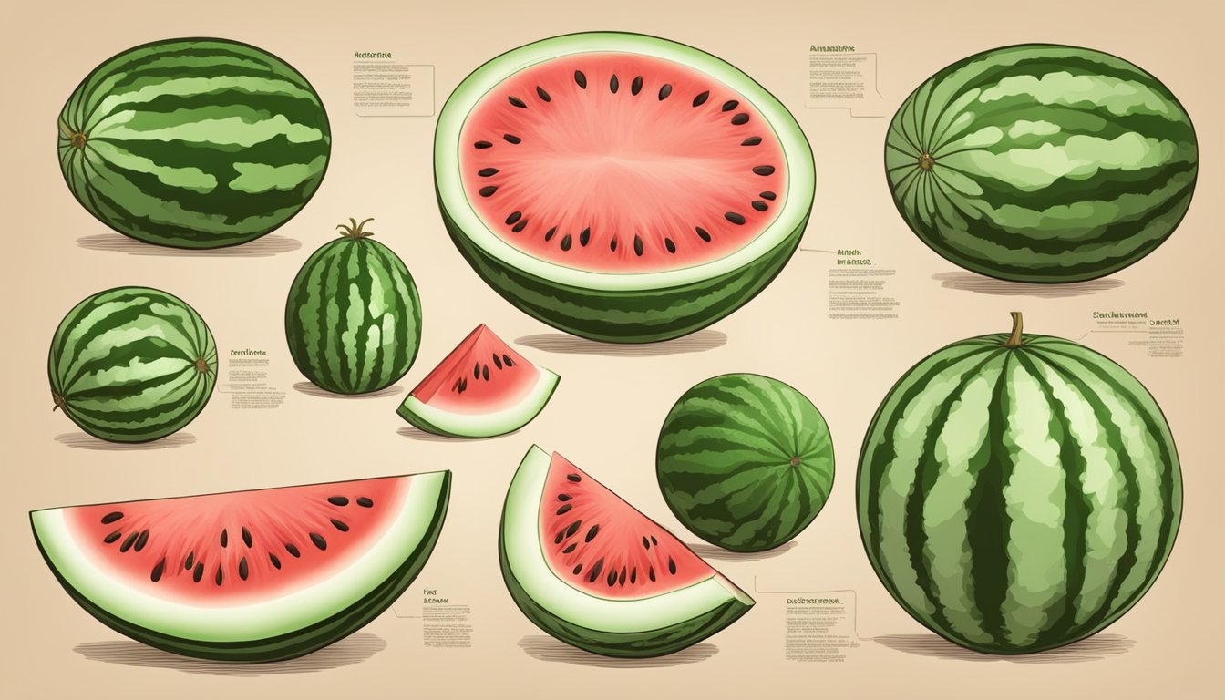 A variety of watermelons arranged on a chart, each labeled with different characteristics such as size, color, and flavor