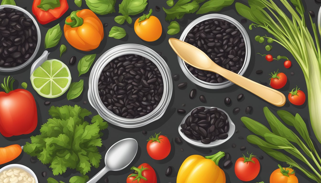 A can of no salt added black beans surrounded by fresh vegetables and a measuring spoon