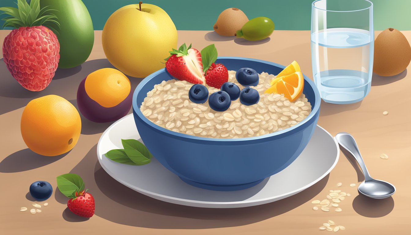 A bowl of Quaker Low-Sodium Instant Oatmeal with a spoon, surrounded by fresh fruits and a glass of water