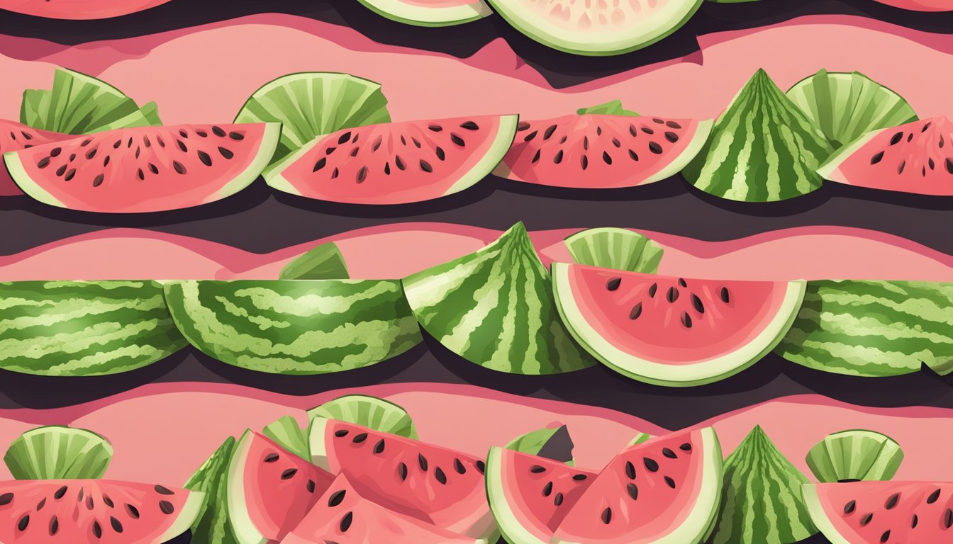 A watermelon chart with various options for choosing the perfect watermelon, surrounded by slices of juicy watermelon being enjoyed