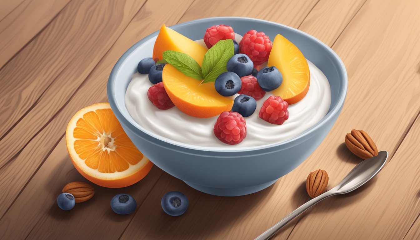 A small bowl of Chobani Non-Fat Greek Yogurt with a variety of low glycemic impact fruits and nuts scattered around it on a wooden table