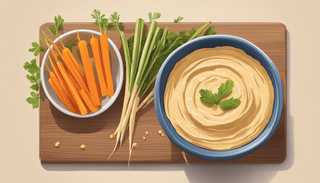 A bowl of hummus surrounded by carrot sticks on a wooden cutting board