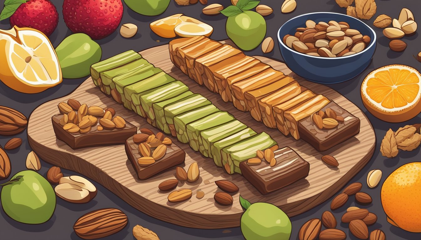 A colorful array of KIND Nut Bars arranged on a wooden cutting board with fresh fruits and nuts scattered around